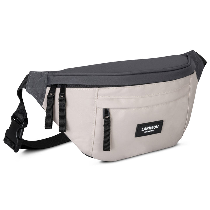 Graue und beige Bauchtasche Ole von Larkson mit mehreren schwarzen Reißverschlüssen und verstellbarem Gurt