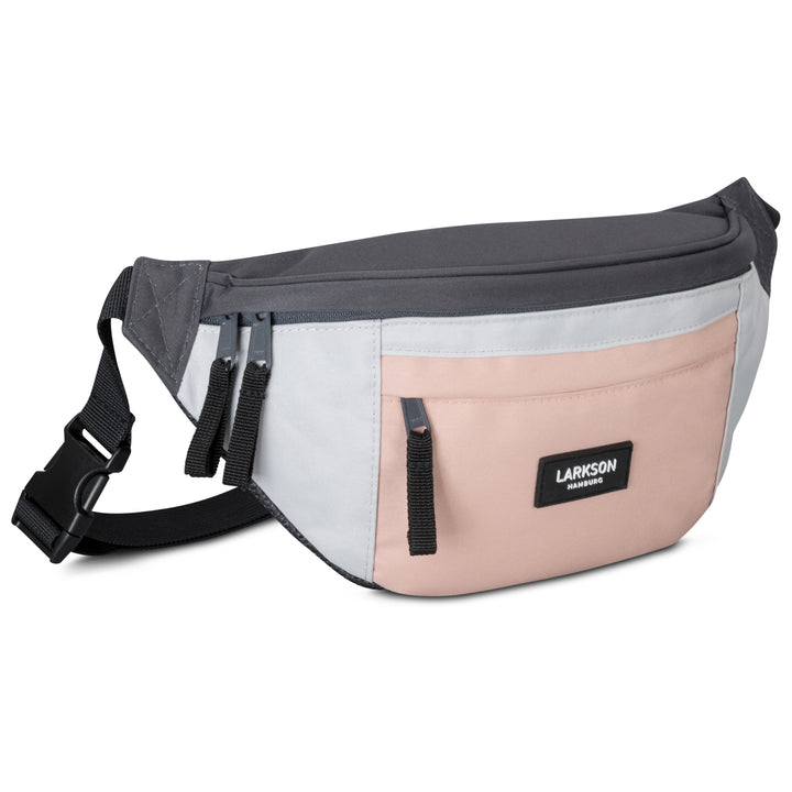 Graue und rosa Bauchtasche 'Ole' von Larkson mit mehreren Reißverschlüssen und verstellbarem Gurt