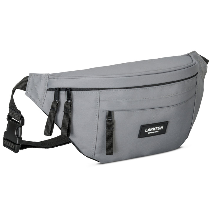 Graue Bauchtasche 'Ole' von Larkson mit mehreren Reißverschlusstaschen und schwarzem Logo