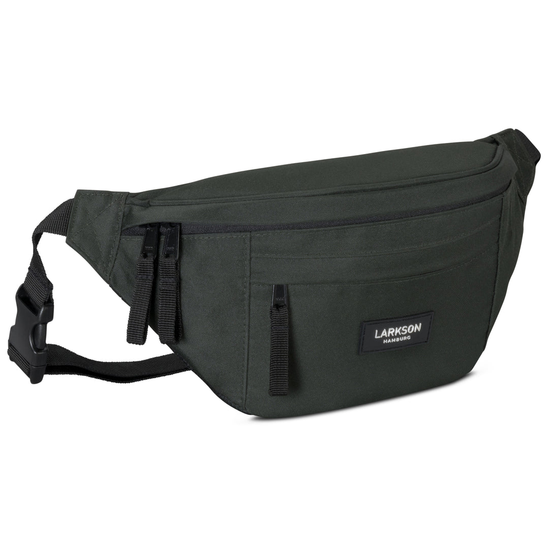 Grüne nachhaltige Bauchtasche Ole von Larkson mit mehreren Reißverschlusstaschen und schwarzem verstellbarem Gurt