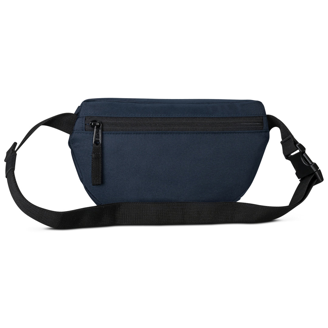 Blaue Bauchtasche Finn von LARKSON mit schwarzem verstellbarem Gurt und Reißverschlussfach