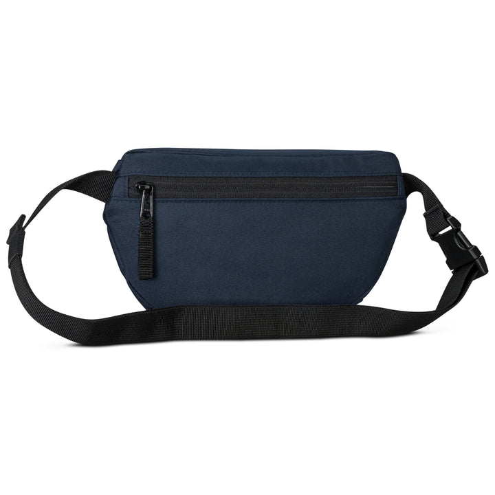 Blaue Bauchtasche Finn von LARKSON mit schwarzem verstellbarem Gurt und Reißverschlussfach