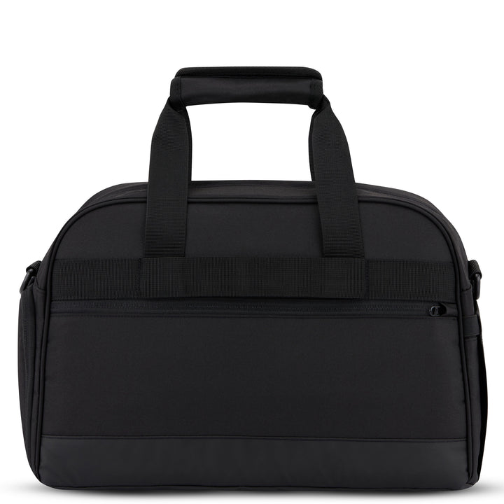 Schwarze Reisetasche Finja mit kurzen Griffen und Reißverschlusstasche vorne