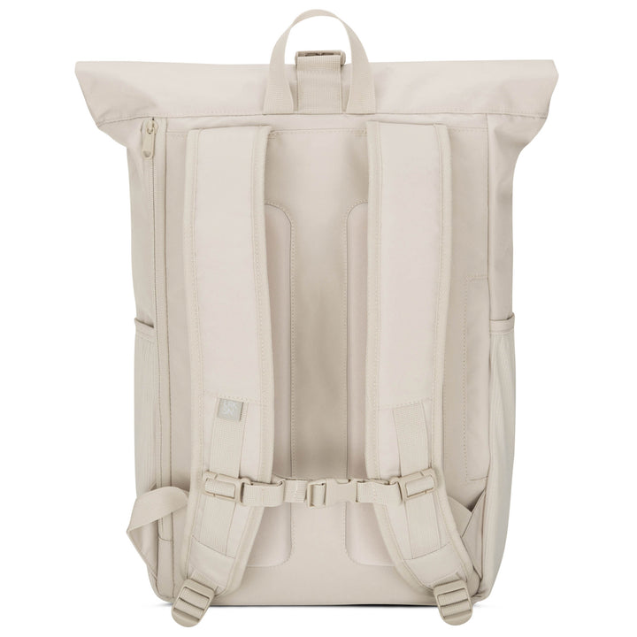 Beiger Rolltop Rucksack No 2 mit gepolsterten Schulterriemen und seitlichen Taschen
