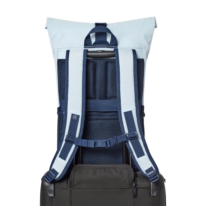 Rückansicht des hellblauen Rolltop Rucksacks No 4 von LARKSON mit gepolsterten Trägern und Rückenteil