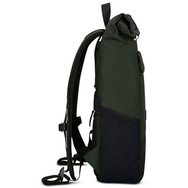 Rolltop Rucksack No 4 von LARKSON, modernes Design, dunkelgrün mit schwarzer Tasche, seitliche Ansicht