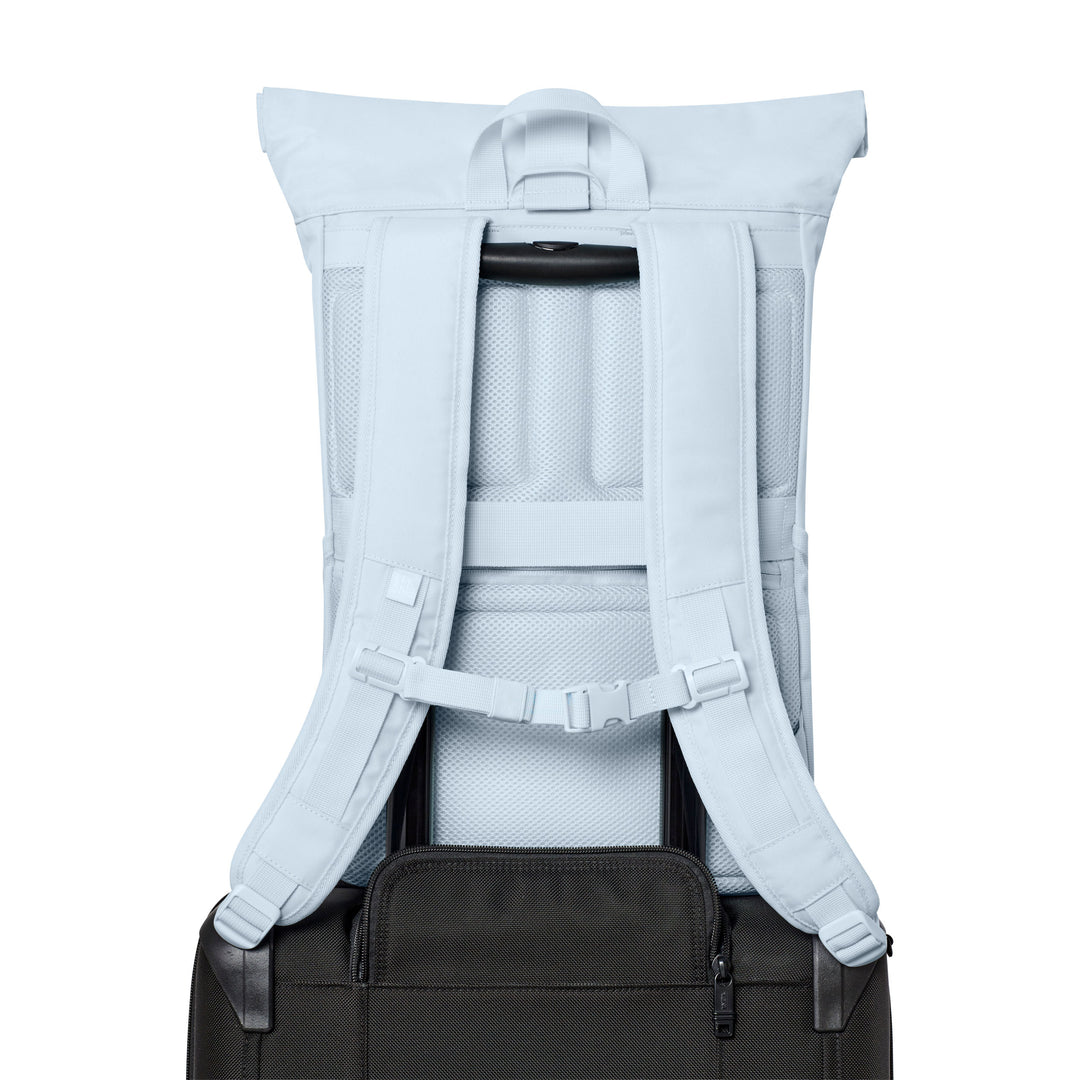 Rückseite des Rolltop Rucksacks No 4 mit gepolsterten Trägern und schwarzem Steckfach am unteren Ende