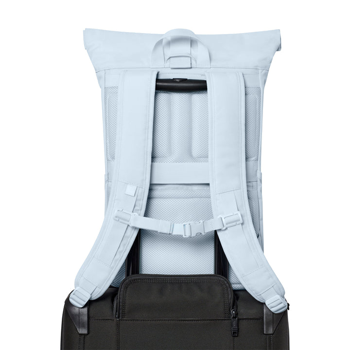 Rückseite des Rolltop Rucksacks No 4 mit gepolsterten Trägern und schwarzem Steckfach am unteren Ende