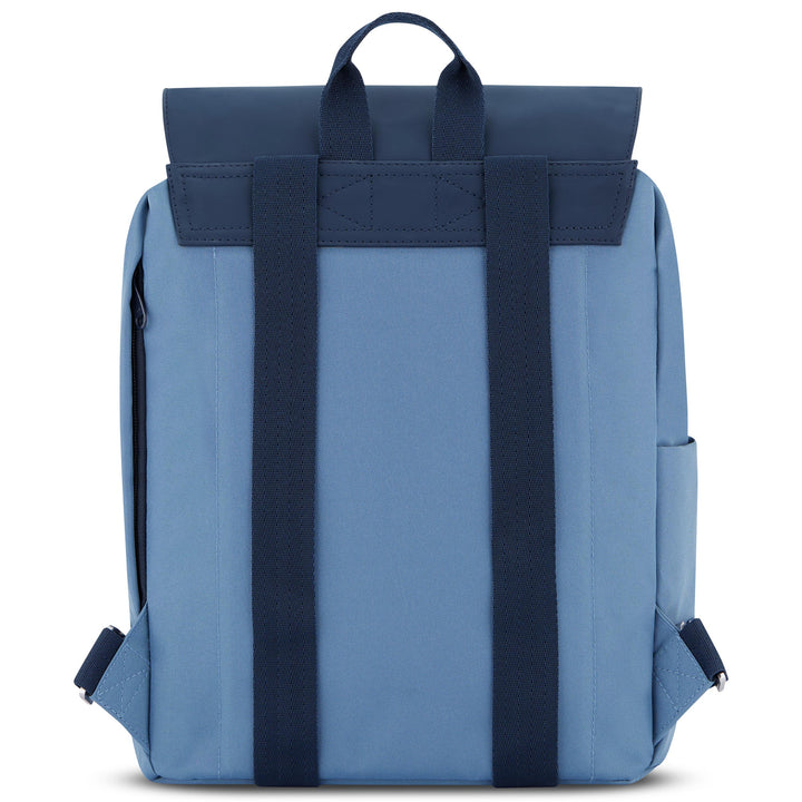 Blauer Rucksack Ida für Damen mit dunkelblauen Trägern und Schlaufe, rechteckige Form