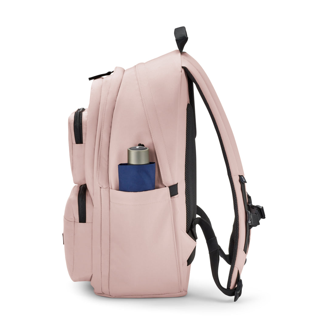 Rucksack No 3 Advanced von LARKSON in rosa mit mehreren Fächern und seitlicher Tasche mit Trinkflasche