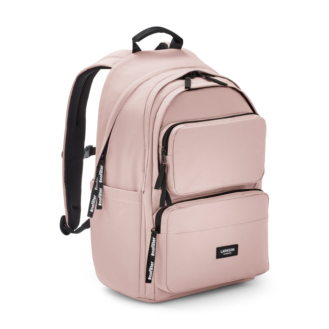 Rucksack No 3 Advanced von LARKSON in modernem Rosa mit mehreren Reißverschlusstaschen und gepolsterten Schultergurten