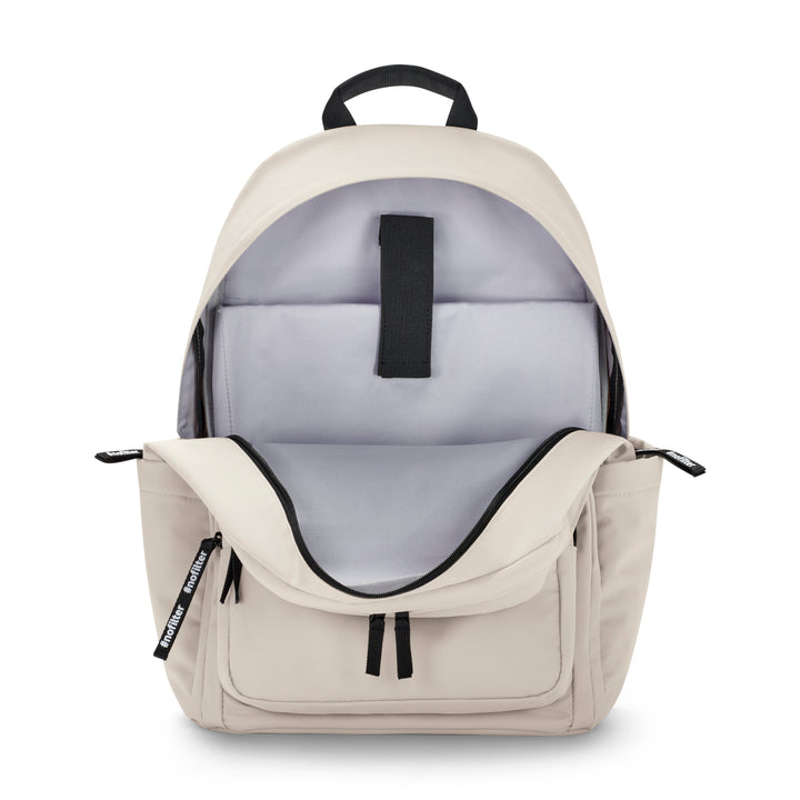 Beiger Rucksack No 3 Advanced, geöffnet, mit Innenfach und schwarzem Tragegriff