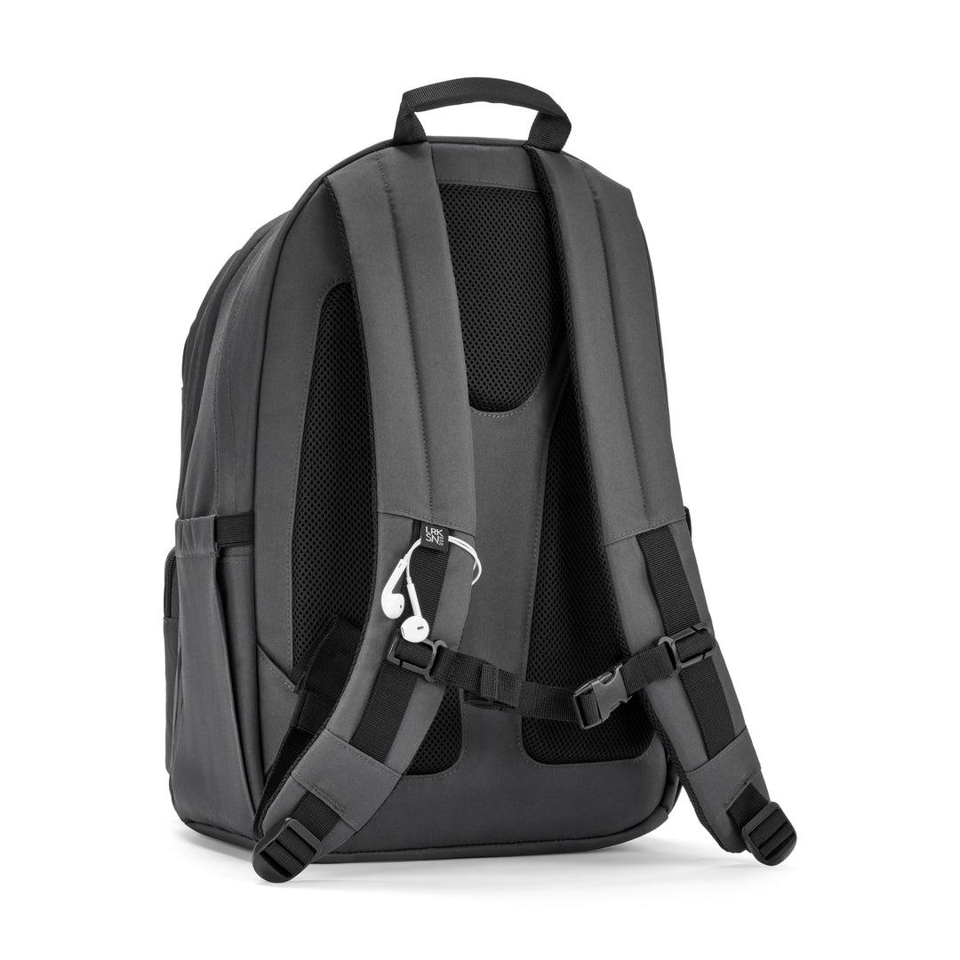 Anthrazitfarbener Rucksack No 3 Advanced mit gepolsterten, verstellbaren Schultergurten und atmungsaktivem Rückenpolster