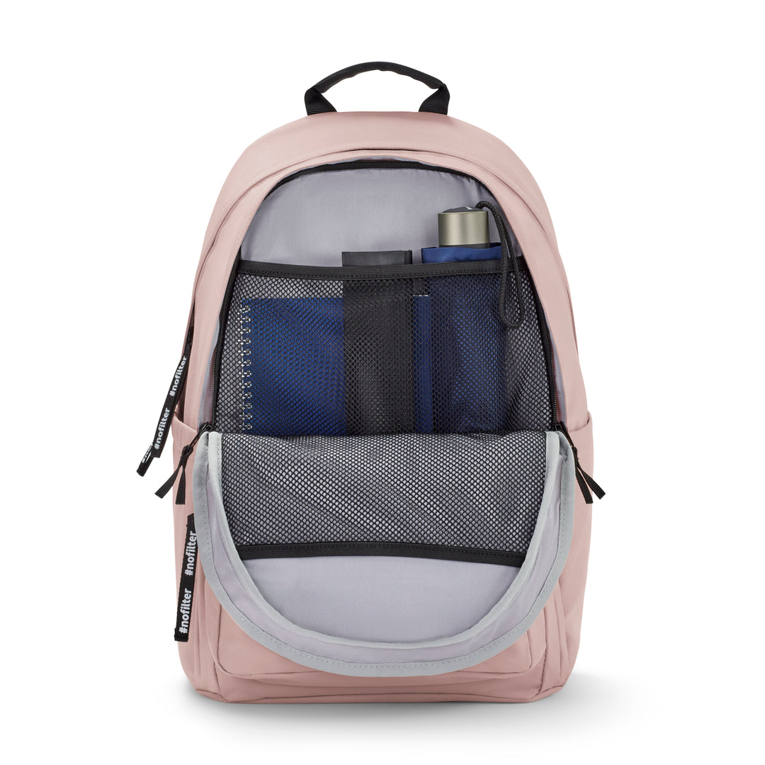 Rucksack No 3 Advanced in rosa mit offenem vorderem Fach, gefüllt mit blauem Spiralnotizbuch und Trinkflasche
