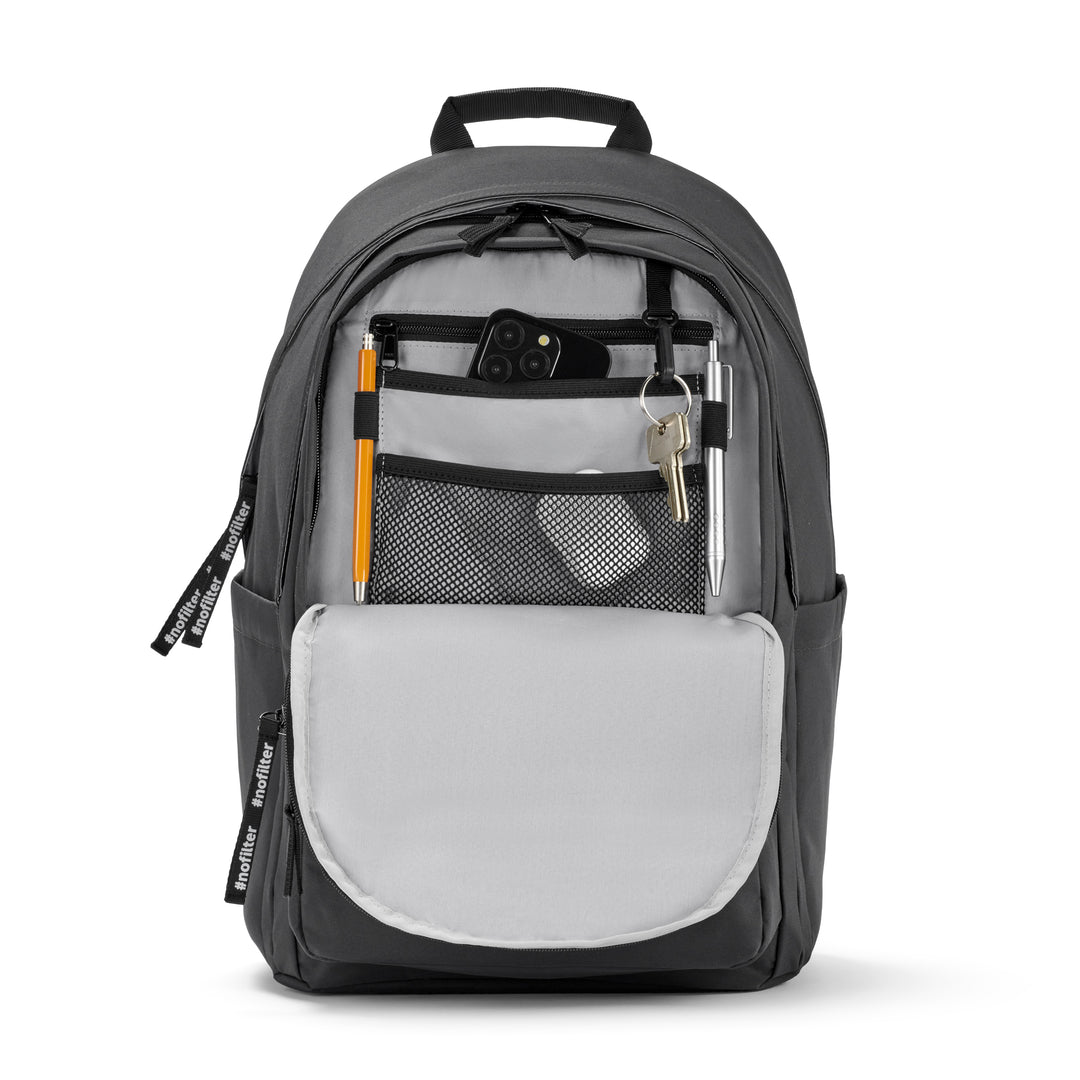 Anthrazitfarbener Rucksack No 3 Advanced mit organisiertem Innenfach mit Stiften, Schlüssel und Smartphone