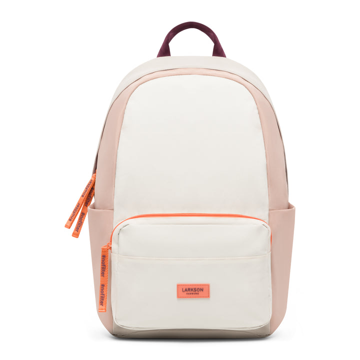 Sand-rosafarbener Rucksack No 3 von LARKSON mit orangefarbenen Reißverschlüssen und vorderer Tasche
