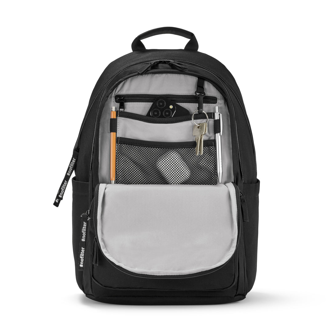 Schwarzer LARKSON Rucksack No 3 Advanced mit offenem Frontfach, Stiften, Schlüsselbund und Smartphone