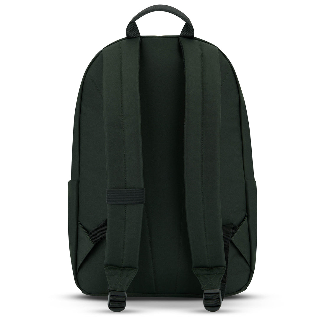 Rucksack No 3 von LARKSON in dunkelgrün, Rückansicht mit gepolsterten Schultergurten und Trageschlaufe