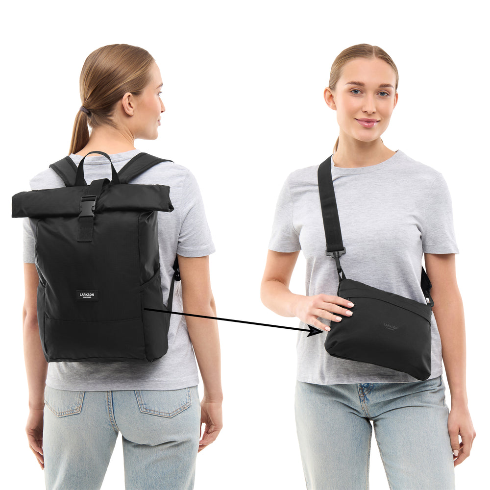 Faltbarer schwarzer Rolltop Rucksack Arne, getragen als Rucksack und als kleine Umhängetasche