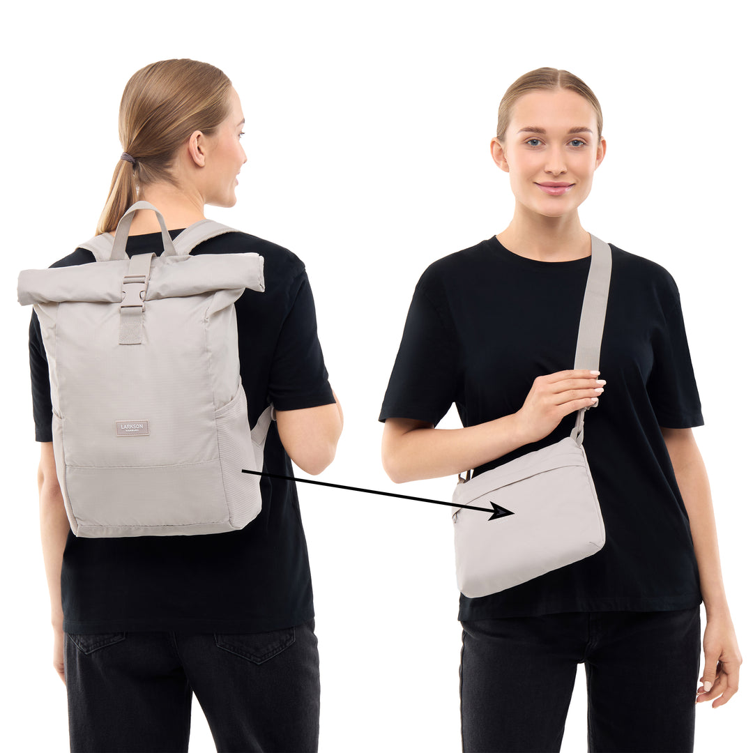 Faltbarer Rolltop Rucksack Arne in beige, zweimal gezeigt, hinten als Rucksack, vorne als kleine Tasche getragen