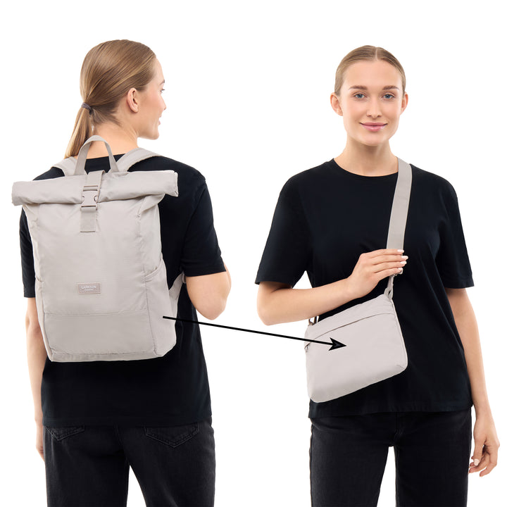 Faltbarer Rolltop Rucksack Arne in beige, zweimal gezeigt, hinten als Rucksack, vorne als kleine Tasche getragen