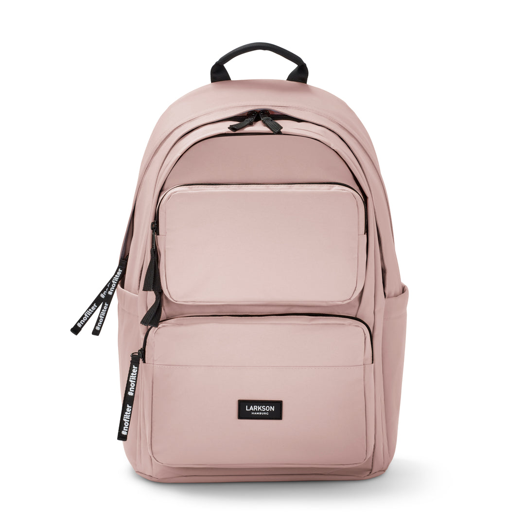 Rucksack No 3 Advanced von LARKSON in Rosa mit mehreren Fronttaschen und schwarzen Reißverschlusslaschen