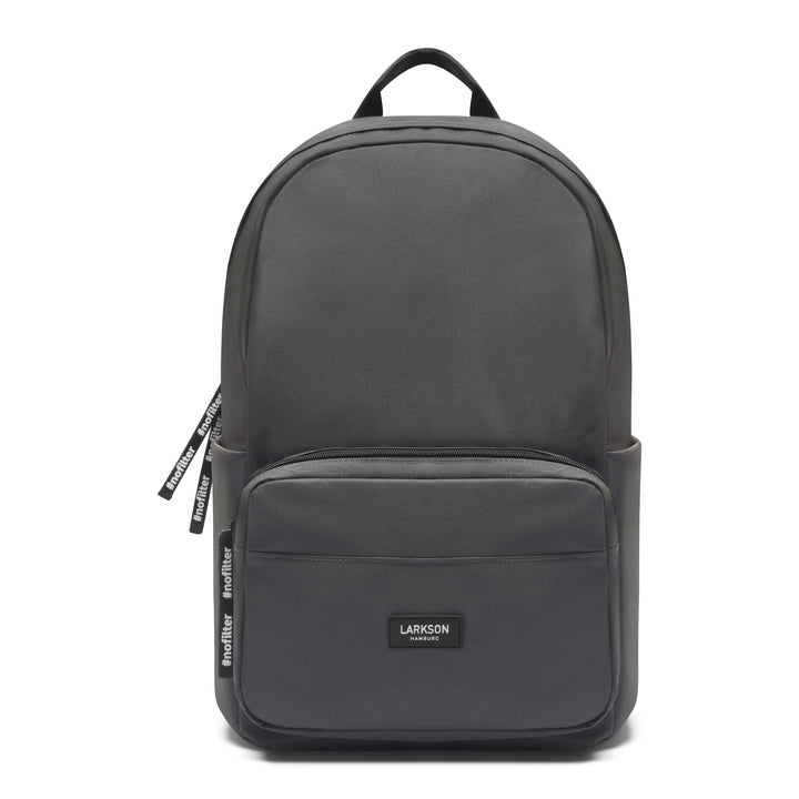 Grauer LARKSON Rucksack No 3 mit Fronttasche und #nofilter Reißverschlussanhängern