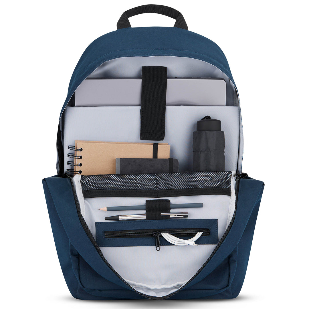 Blauer Larkson Rucksack No 3 mit Fächern für Laptop, Notizbücher, Stifte und Trinkflasche