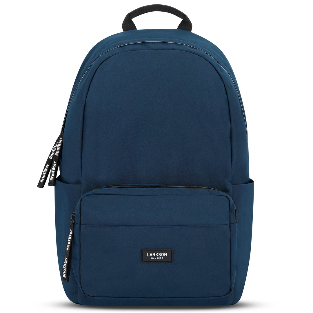 Blauer LARKSON Schulrucksack No 3 aus Textil mit Fronttasche und zwei Reißverschlüssen mit #nofilter Anhängern