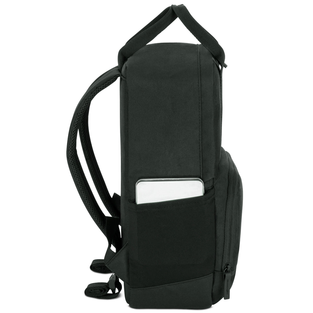 Schwarzer Rucksack No 6 von LARKSON mit seitlicher Tasche und herausstehendem silbernem Smartphone