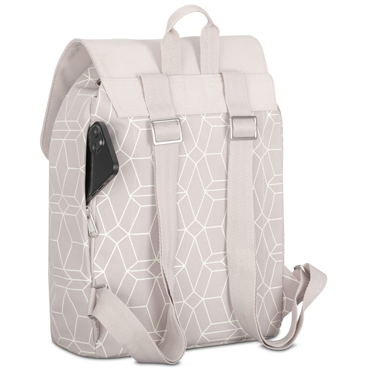 Beiger Damen-Rucksack Ida mit geometrischem Muster und seitlicher Reißverschlusstasche mit Handy