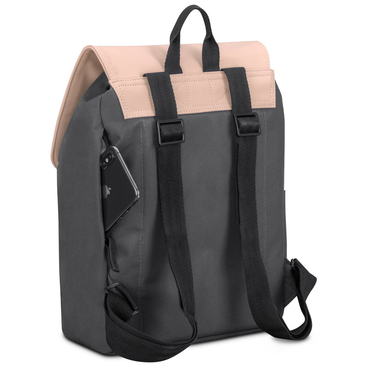 LARKSON Damen-Rucksack Ida in grau mit rosa Klappe und schwarzen verstellbaren Tragegurten, seitliche Tasche mit Smartphone