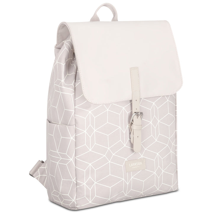 Beigefarbener Damenrucksack Ida mit geometrischem Muster und hellen Klappverschluss von LARKSON
