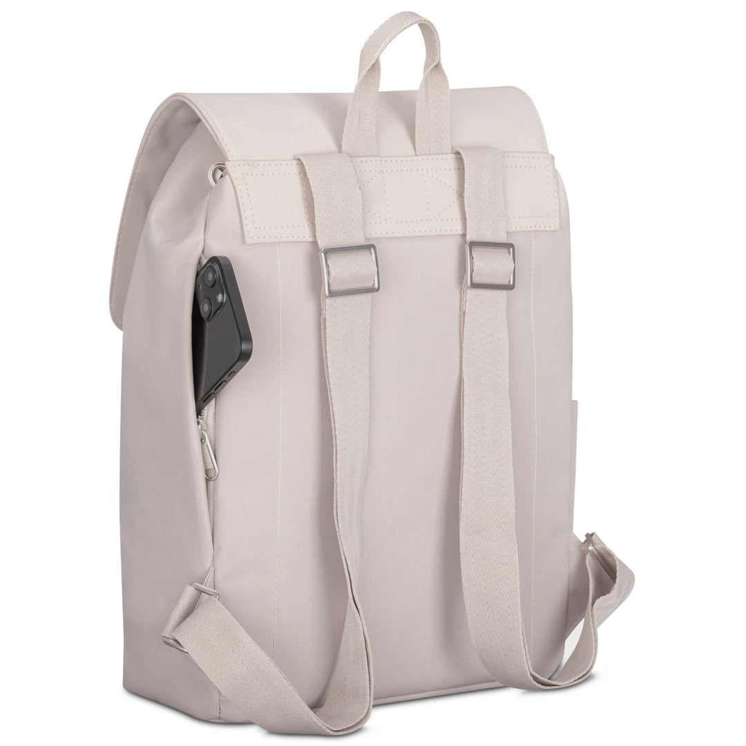 Heller Damenrucksack Ida in Sand mit verstellbaren Tragegurten und seitlicher Tasche mit Smartphone