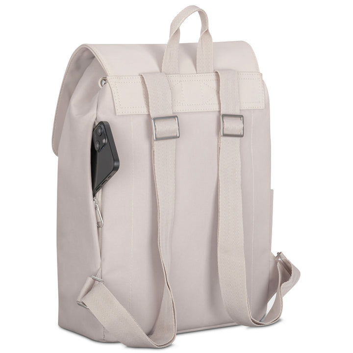 Heller Damenrucksack Ida in Sand mit verstellbaren Tragegurten und seitlicher Tasche mit Smartphone