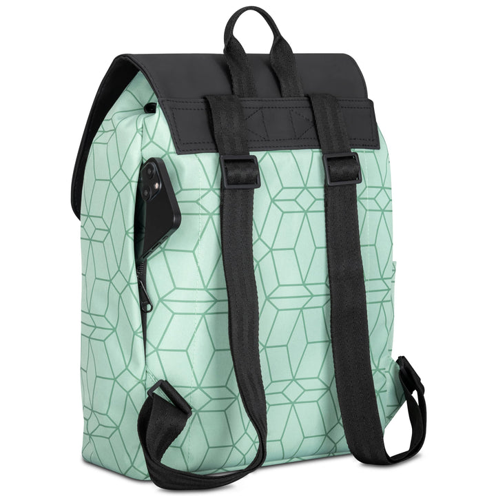 Damenrucksack Ida in Mint mit schwarzem geometrischem Muster, Reißverschlusstasche seitlich mit Smartphone