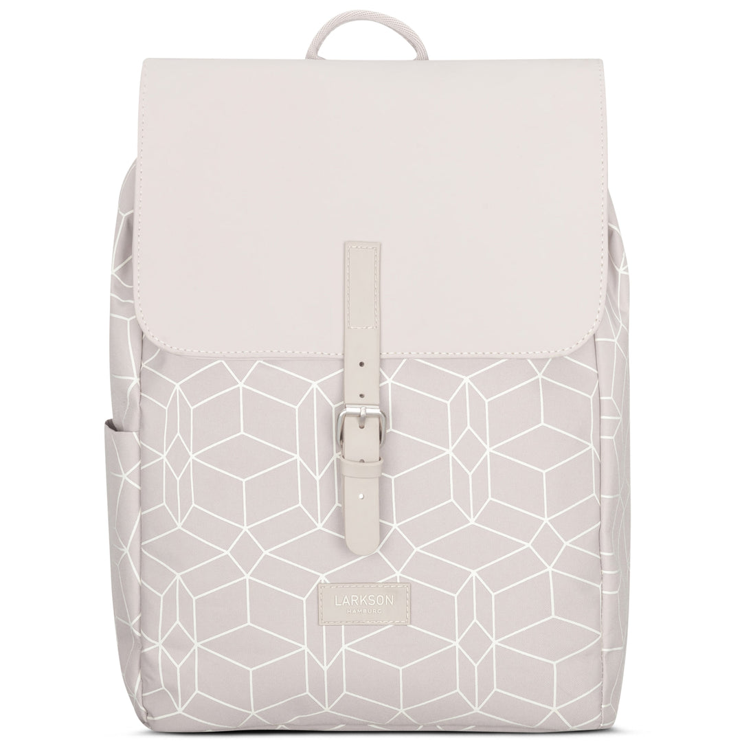 Beiger Damenrucksack Ida von LARKSON mit geometrischem Muster und Klappe mit Schnallenverschluss