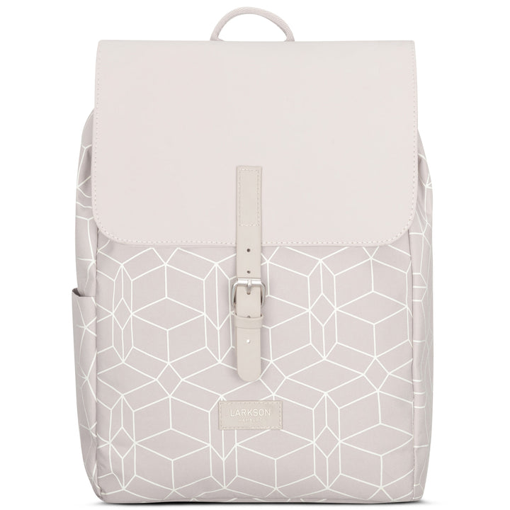 Beiger Damenrucksack Ida von LARKSON mit geometrischem Muster und Klappe mit Schnallenverschluss