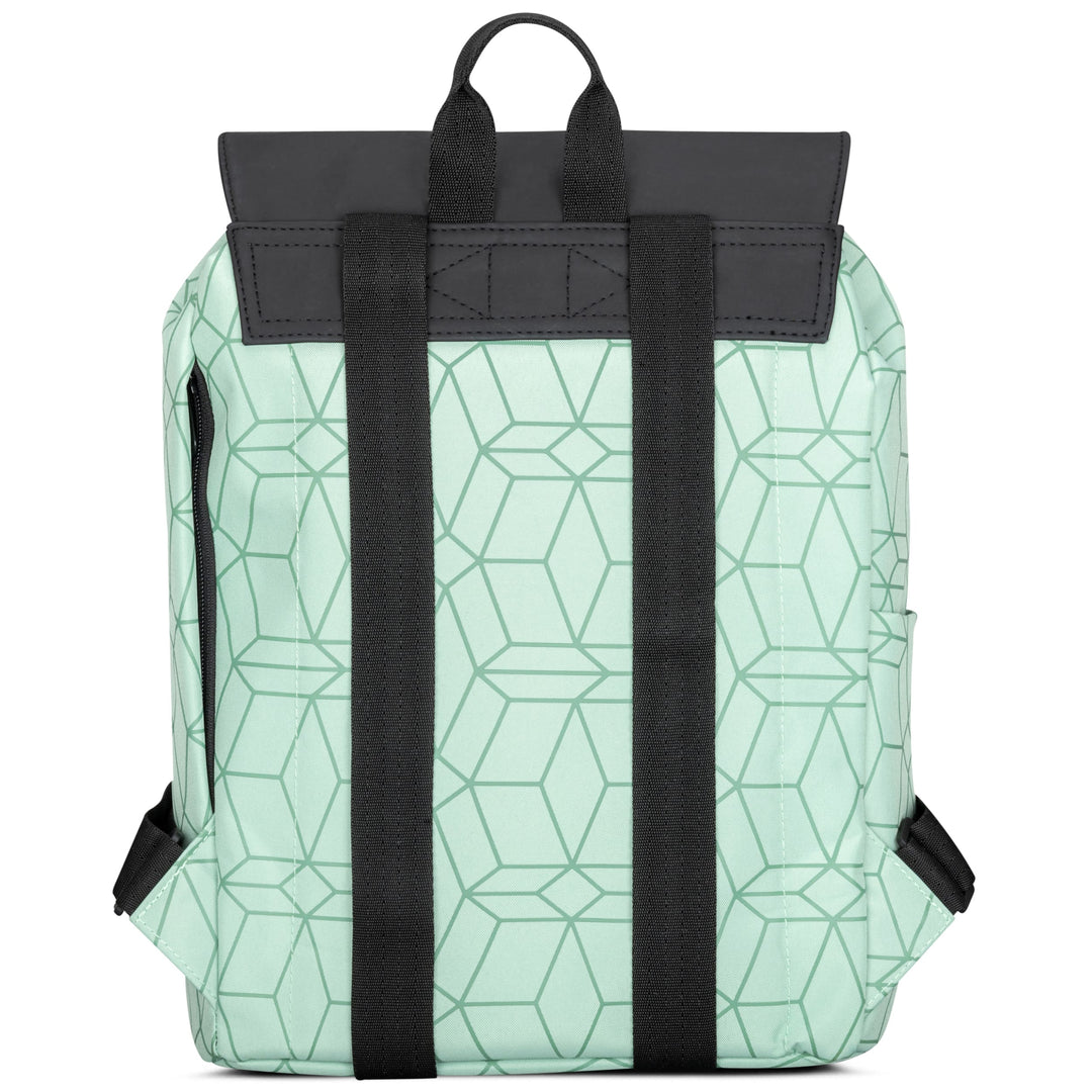 Damenrucksack Ida mintgrün mit geometrischem Muster und schwarzen Trägern