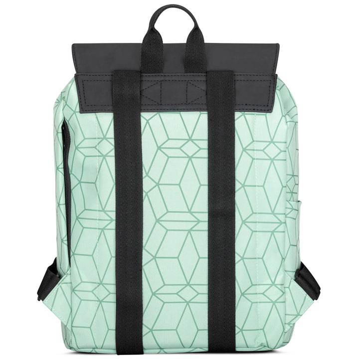 Damenrucksack Ida mintgrün mit geometrischem Muster und schwarzen Trägern