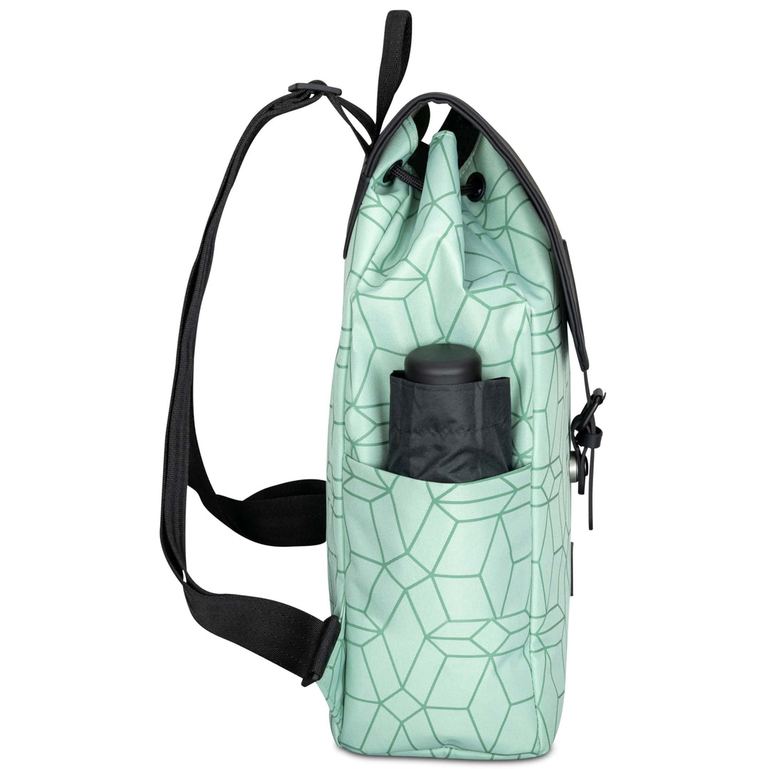 Mintgrüner Damenrucksack Ida mit geometrischem Muster und seitlicher Außentasche mit verschlossenem Schirm