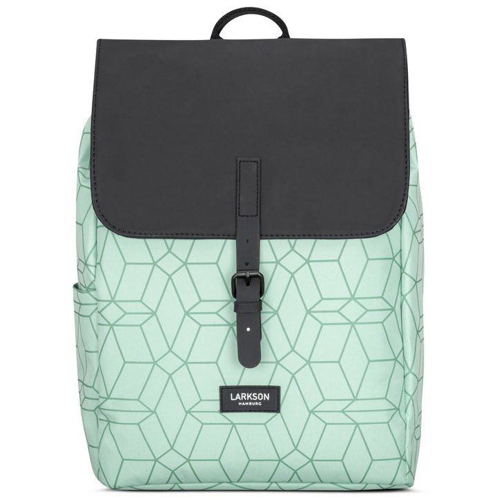 Rucksack Ida von Larkson in Mintgrün mit geometrischem Muster und schwarzem Deckel