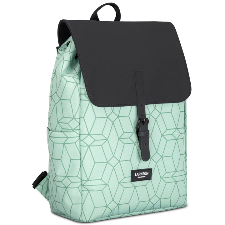 Rucksack Ida von Larkson in Mint mit geometrischem Muster und schwarzem Klappdeckel aus Kunstleder