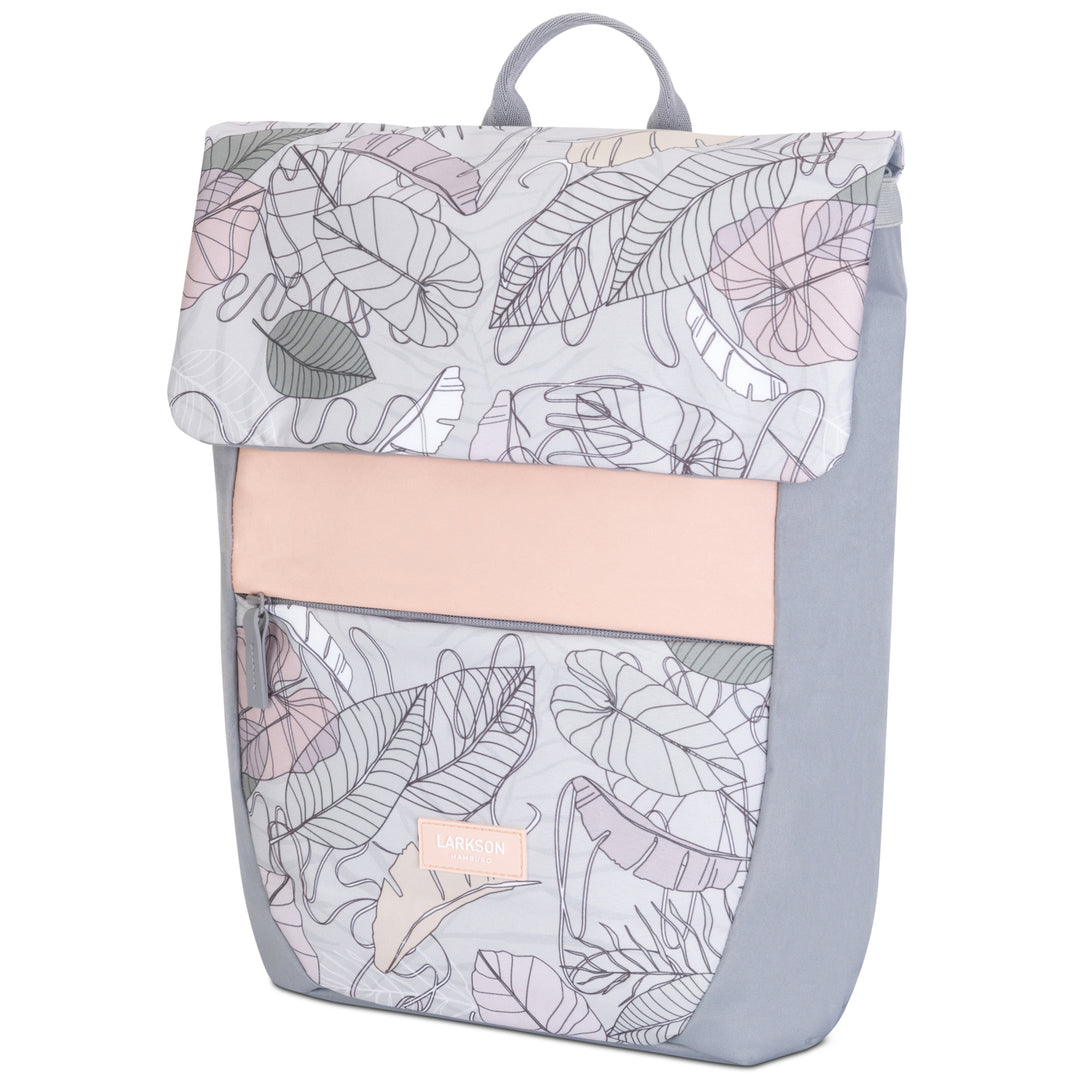 Rucksack Ronja von LARKSON mit pastellfarbenem Blättermuster, rosa Details und grauen Seiten