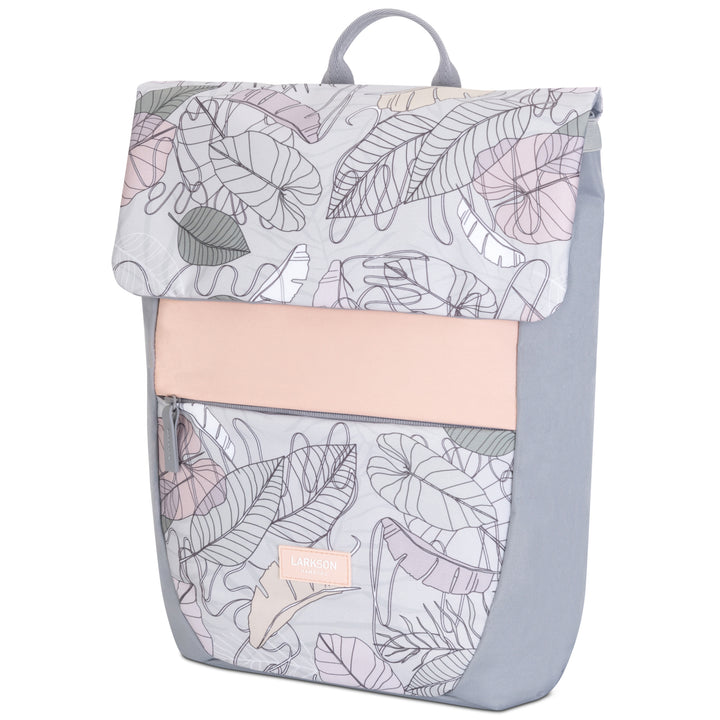 Rucksack Ronja von LARKSON mit pastellfarbenem Blättermuster, rosa Details und grauen Seiten