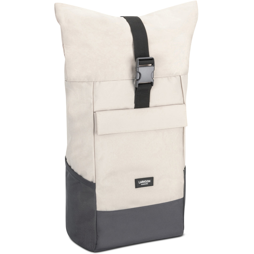 LARKSON Rolltop Rucksack No 4 beige-grau mit schwarzem Klickverschluss und Fronttasche