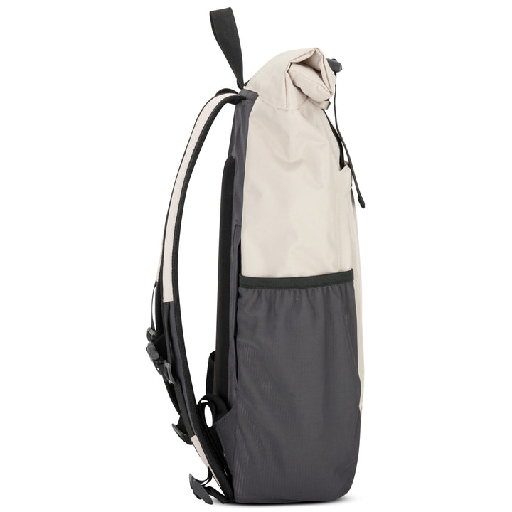 Großer Rolltop Rucksack No 2 in Beige und Grau mit seitlicher Netz-Außentasche