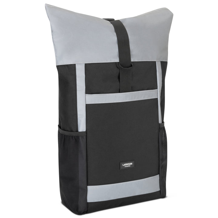Großer Rolltop Rucksack No 2 von Larkson in Schwarz und reflektierendem Grau, mit seitlichen Netztaschen