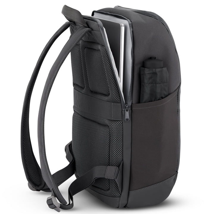 Grauer Business-Rucksack Niklas mit gepolstertem Laptopfach und seitlicher Tasche mit Regenschirm