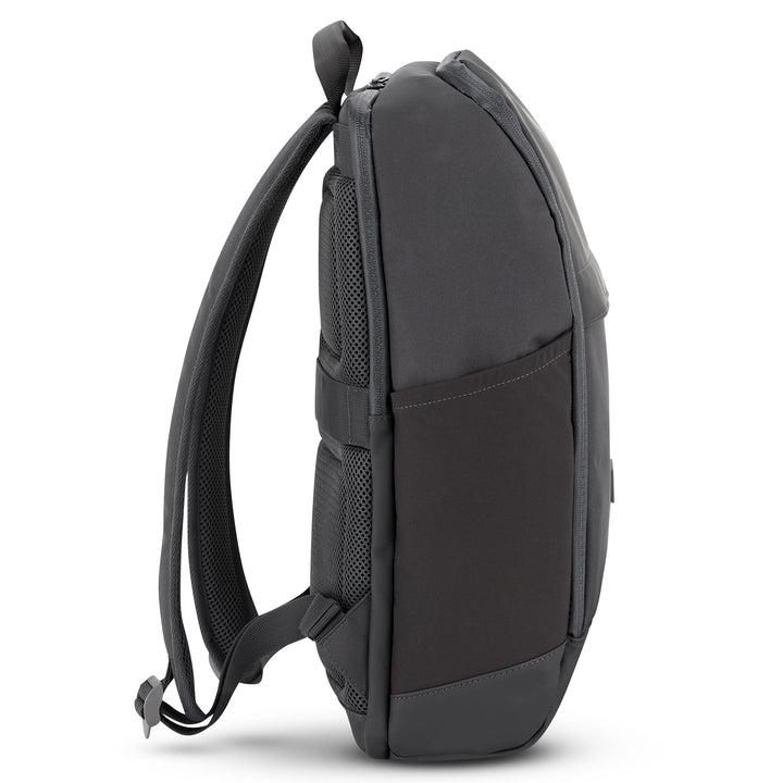 Seitliche Ansicht des grauen Laptop-Rucksacks Niklas mit gepolsterten Schultergurten